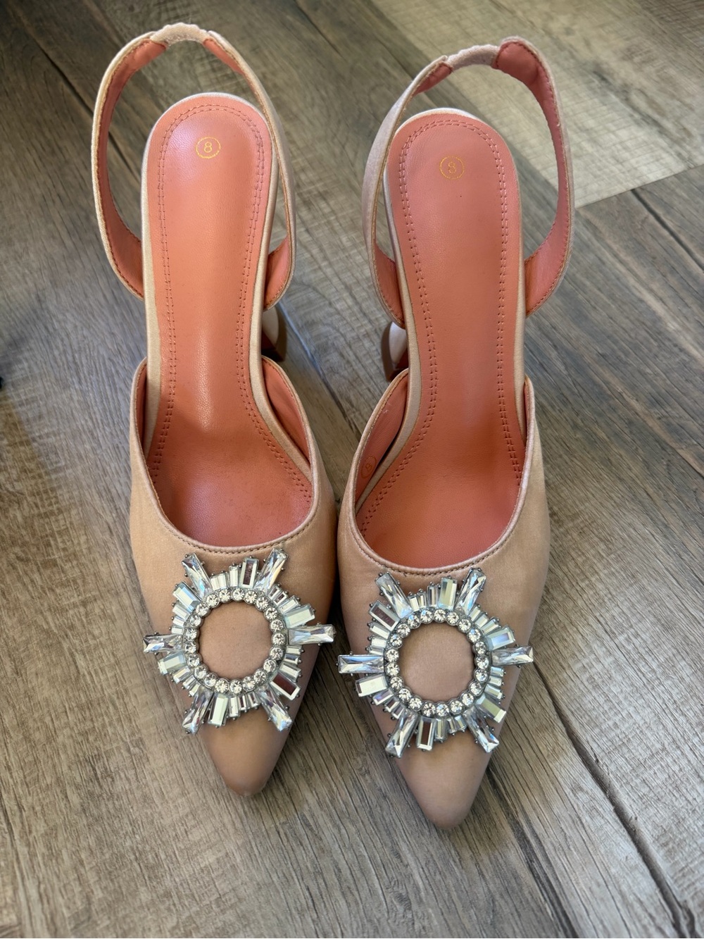 Embellished Nude Slingback Pointed-Toe Pumps